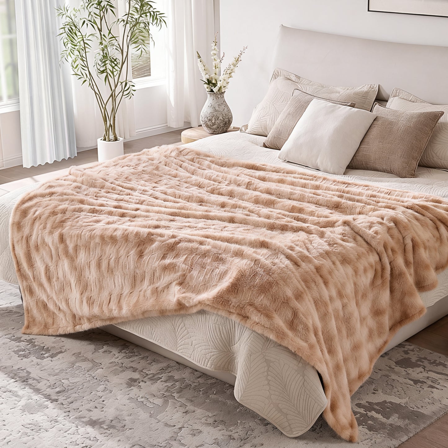 Ocuuziisu 90" × 100" Electric Blanket, King Size Heated Blanket, Brushed Faux Fur & Flannel, 9 Heat Levels, 1–10H Timer, Camel