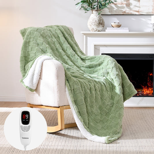 50" × 60" Heated Throw Blanket — 9 Heat Levels, 1–10H Timer, Fast Even Warming Electric Blanket Throw, Machine Washable — Green & Gray
