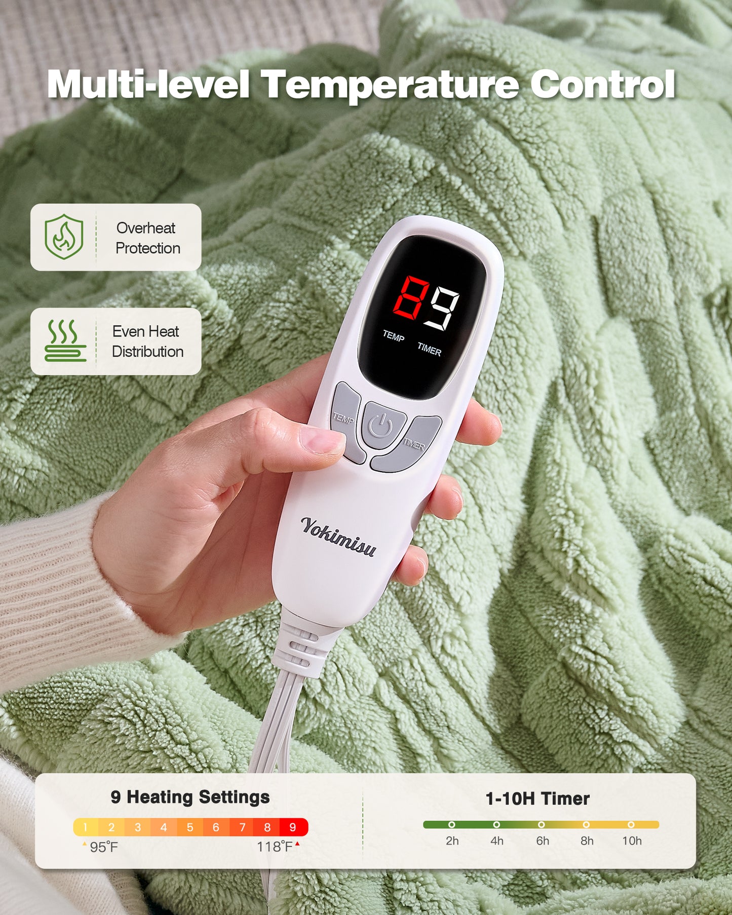 50" × 60" Heated Throw Blanket — 9 Heat Levels, 1–10H Timer, Fast Even Warming Electric Blanket Throw, Machine Washable — Green & Gray
