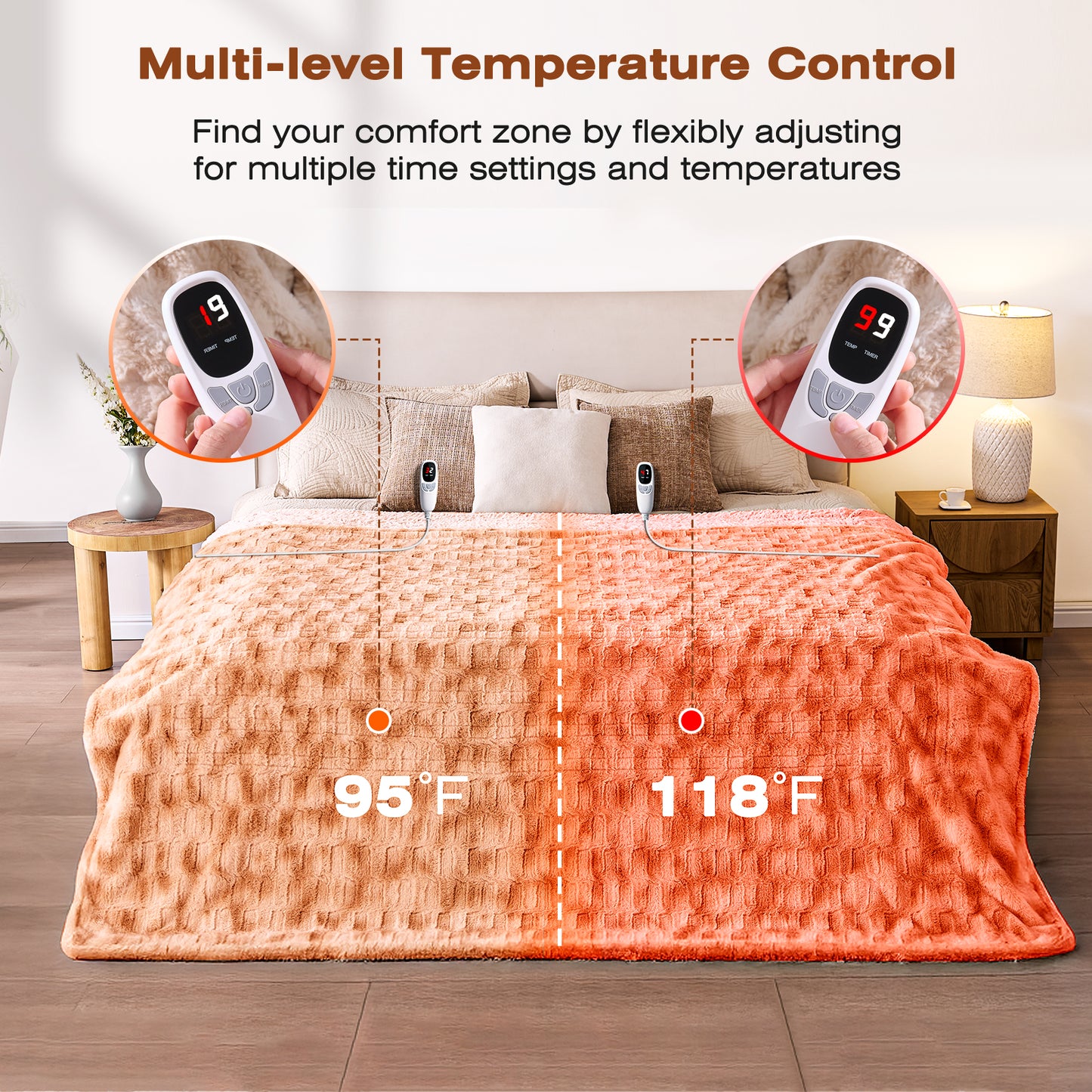 Ocuuziisu 90" × 100" Electric Blanket, King Size Heated Blanket, Brushed Faux Fur & Flannel, 9 Heat Levels, 1–10H Timer, Camel