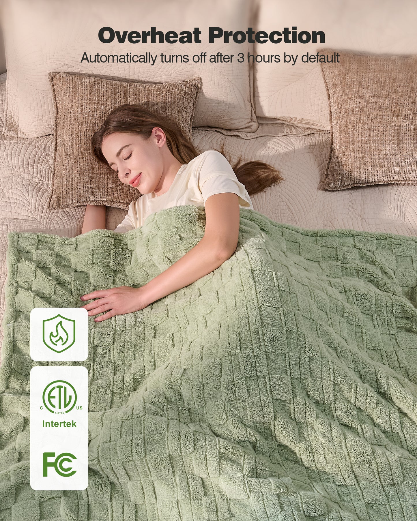 50" × 60" Heated Throw Blanket — 9 Heat Levels, 1–10H Timer, Fast Even Warming Electric Blanket Throw, Machine Washable — Green & Gray