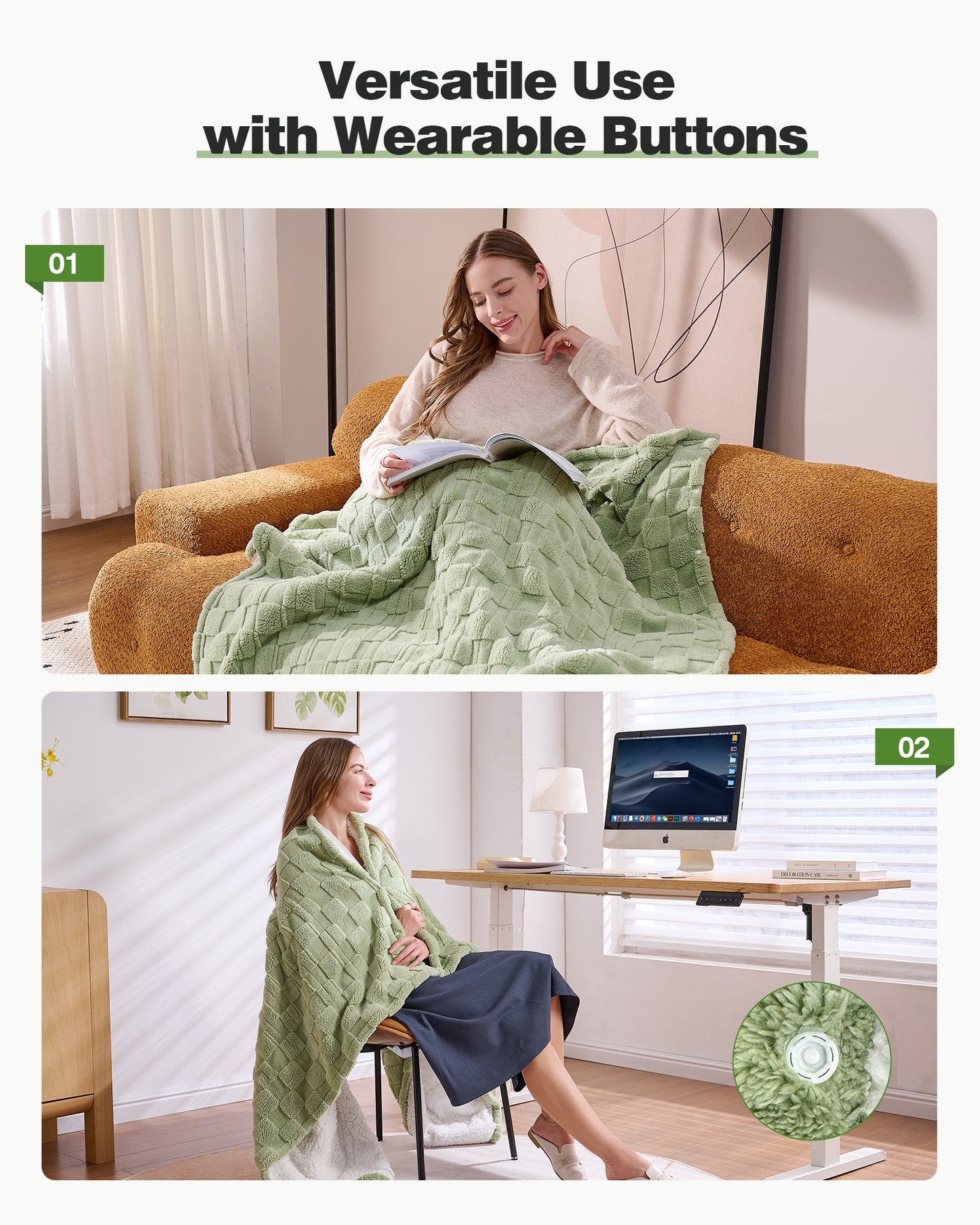 50" × 60" Heated Throw Blanket — 9 Heat Levels, 1–10H Timer, Fast Even Warming Electric Blanket Throw, Machine Washable — Green & Gray