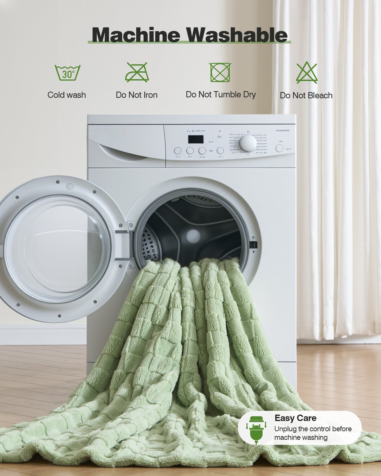 50" × 60" Heated Throw Blanket — 9 Heat Levels, 1–10H Timer, Fast Even Warming Electric Blanket Throw, Machine Washable — Green & Gray