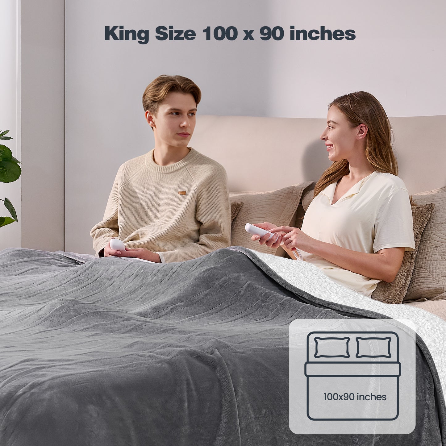 Ocuuziisu Electric Blanket 90" x 100" King Size Heated Blanket, Flannel and Sherpa, 10 Hour Auto-off, 9 Heat Settings, Fast Heating, Machine Washable