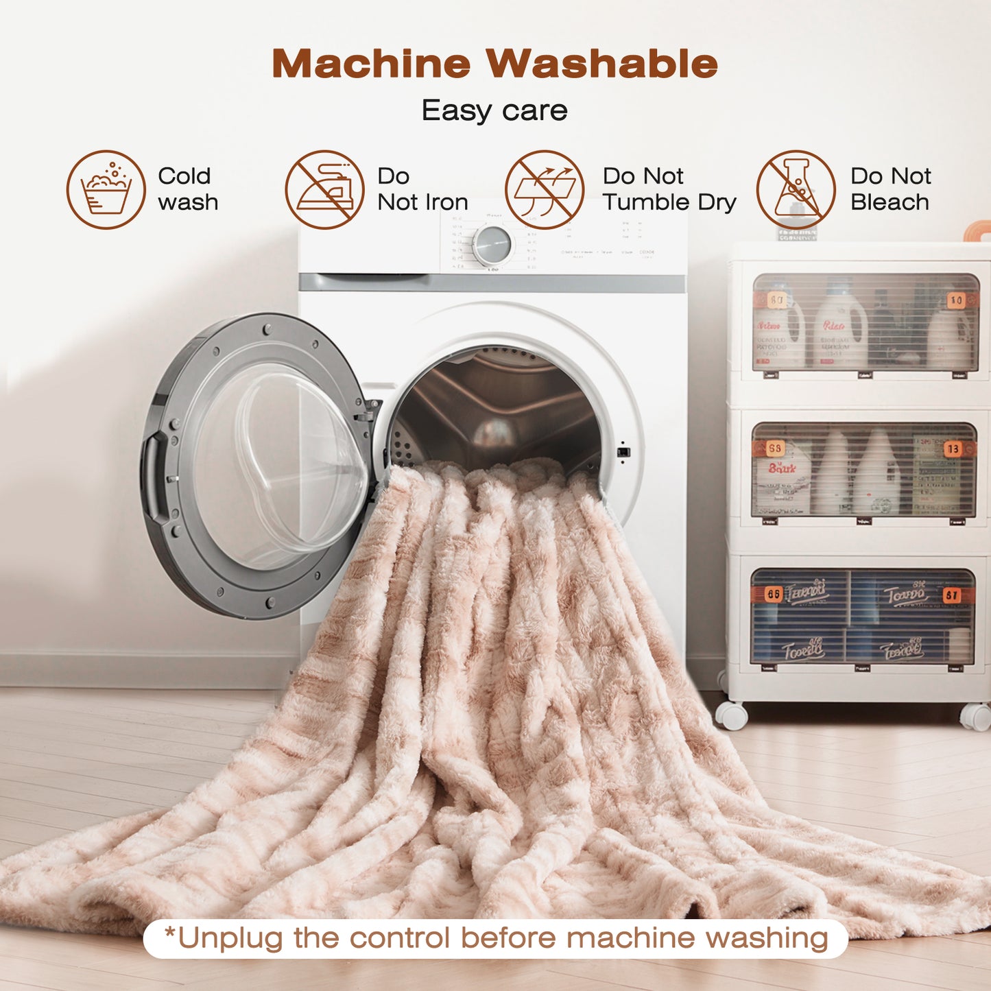 Ocuuziisu 90" × 100" Electric Blanket, King Size Heated Blanket, Brushed Faux Fur & Flannel, 9 Heat Levels, 1–10H Timer, Camel