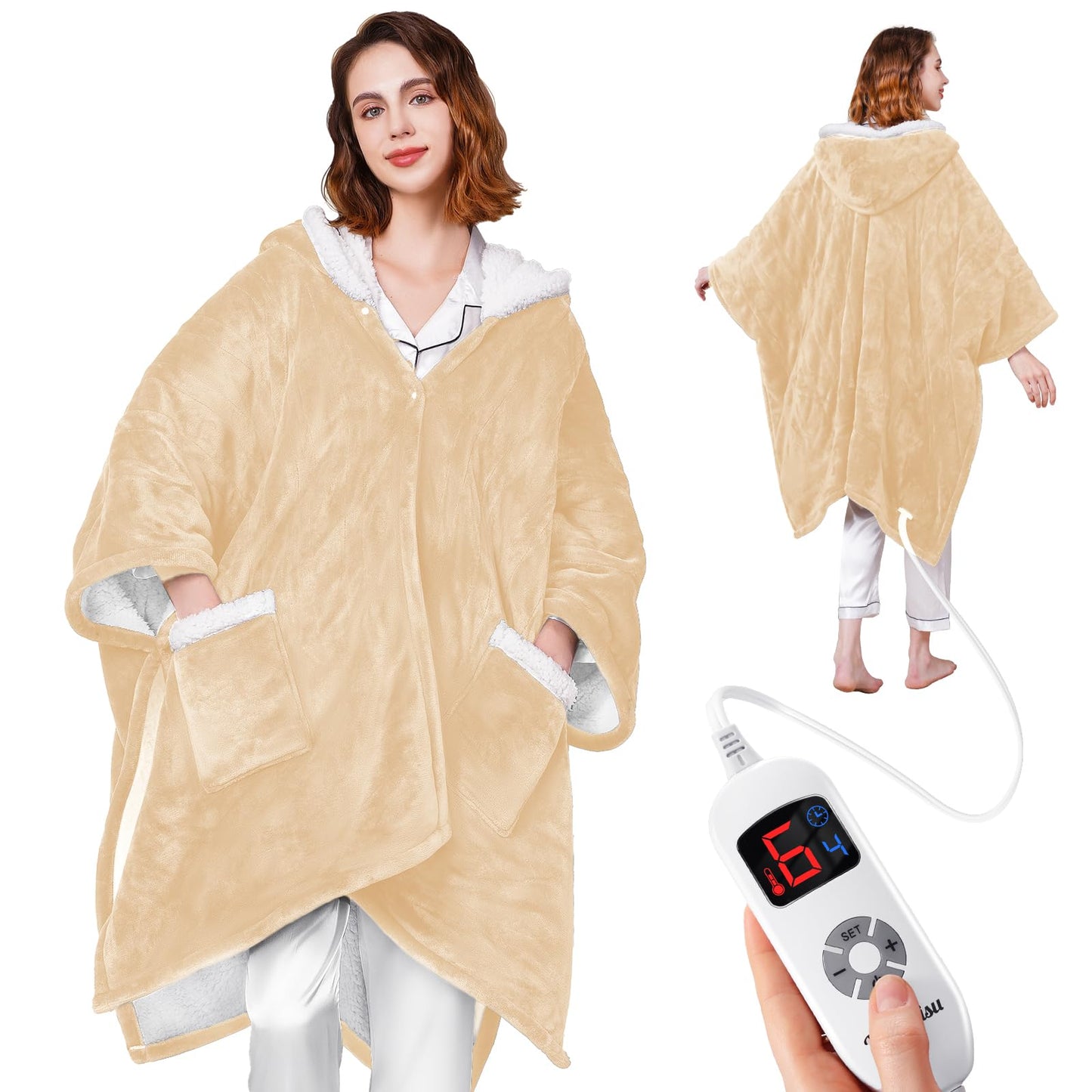 Wearable Heated Throw Blanket with Pockets, 50" x 70" Faux Fur and Sherpa Electric Wrap Poncho Shawl, 4-Hour Auto Shut Off, Machine Washable