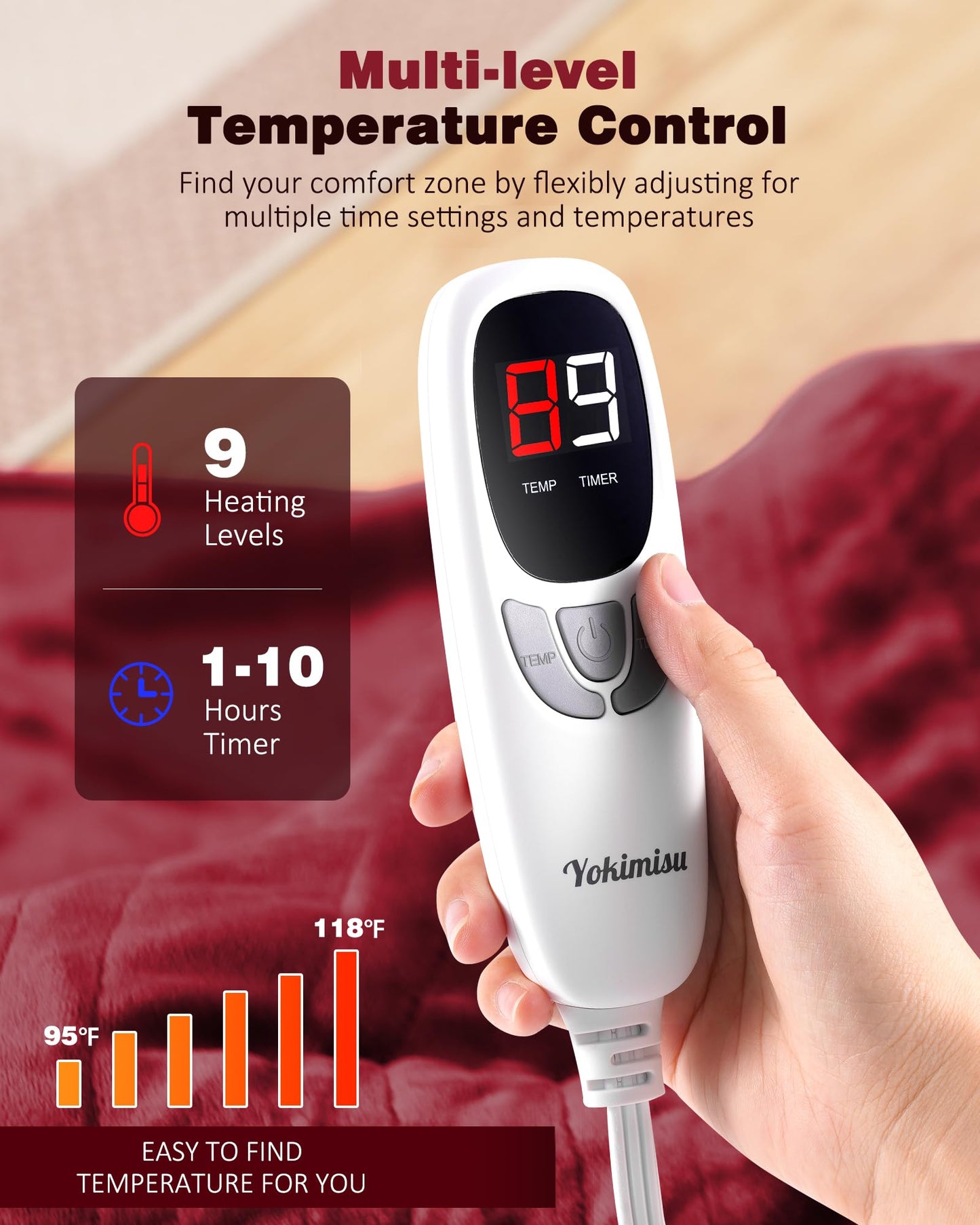 Electric Heated Blanket Throw Blanket 50" x 60" Flannel and Sherpa Electric Blanket with Buttons, 9 Heating Levels, Auto-off, Machine Washable