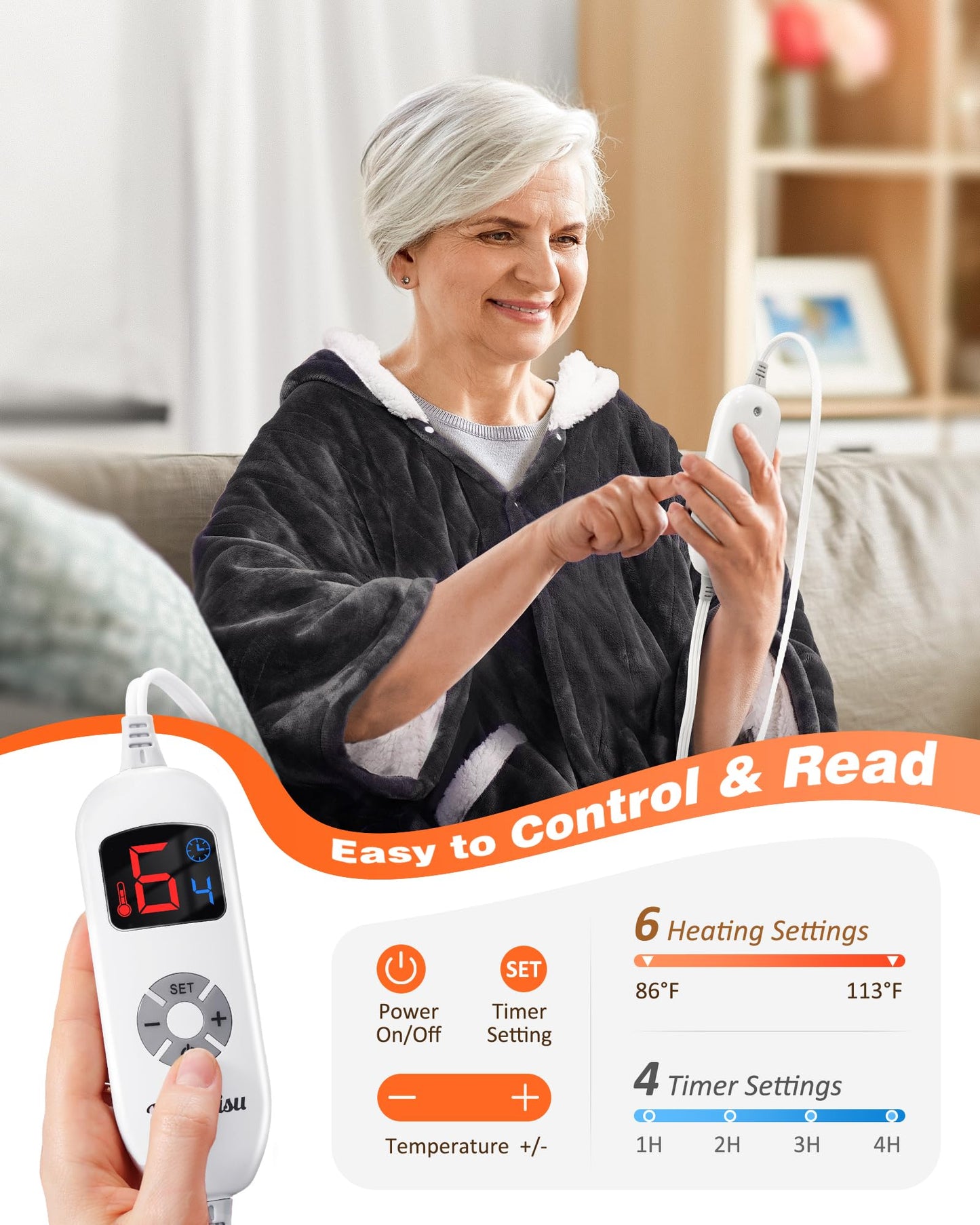 Wearable Heated Throw Blanket with Pockets, 50" x 70" Faux Fur and Sherpa Electric Wrap Poncho Shawl, 4-Hour Auto Shut Off, Machine Washable