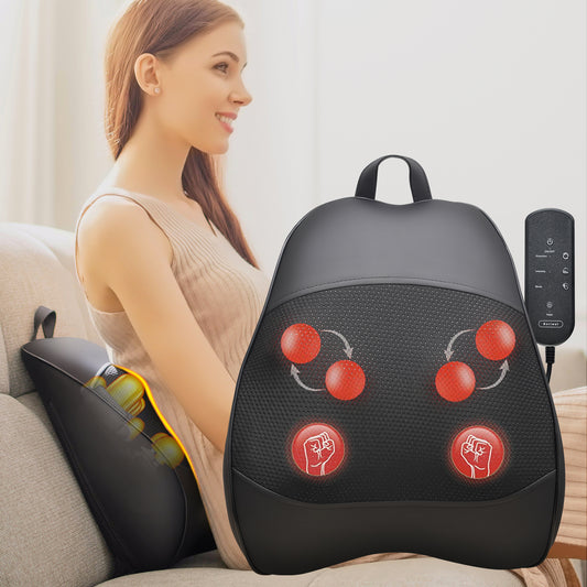iTeafcom Shiatsu & Percussion Back Massager with Heat, 3D Deep Tissue Kneading for Lower Back Pain, Portable Electric Massage Pillow for Chair, Home Office Use
