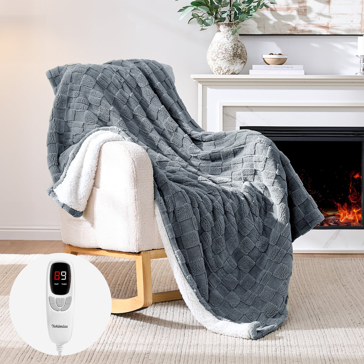 50" × 60" Heated Throw Blanket — 9 Heat Levels, 1–10H Timer, Fast Even Warming Electric Blanket Throw, Machine Washable — Green & Gray