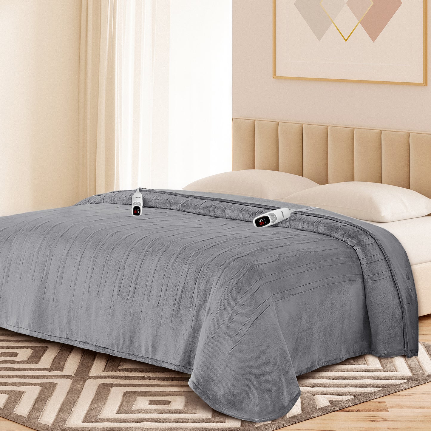 Ocuuziisu Electric Blanket 90" x 100" King Size Heated Blanket, Flannel and Sherpa, 10 Hour Auto-off, 9 Heat Settings, Fast Heating, Machine Washable, Camel