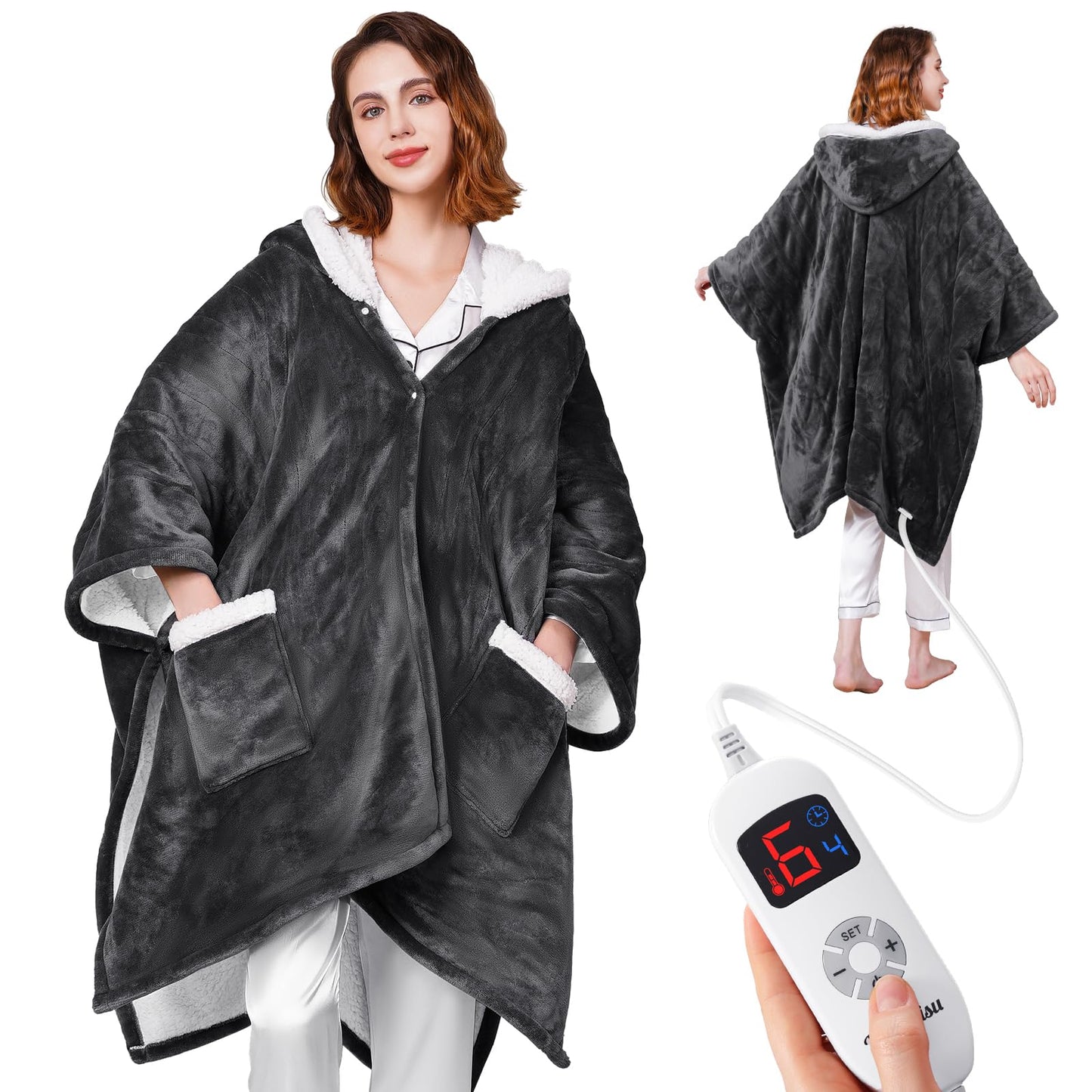 Ocuuziisu Wearable Heated Throw Blanket with Pockets and Hood, 50" x 70" Flannel and Sherpa Electric Wrap, 9 Heating Levels, 10-Hour Auto Shut Off, Machine Washable, Gray