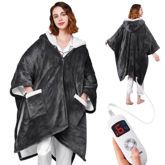 Ocuuziisu Wearable Heated Throw Blanket with Pockets and Hood, 50" x 70" Flannel and Sherpa Electric Wrap, 9 Heating Levels, 10-Hour Auto Shut Off, Machine Washable, Gray
