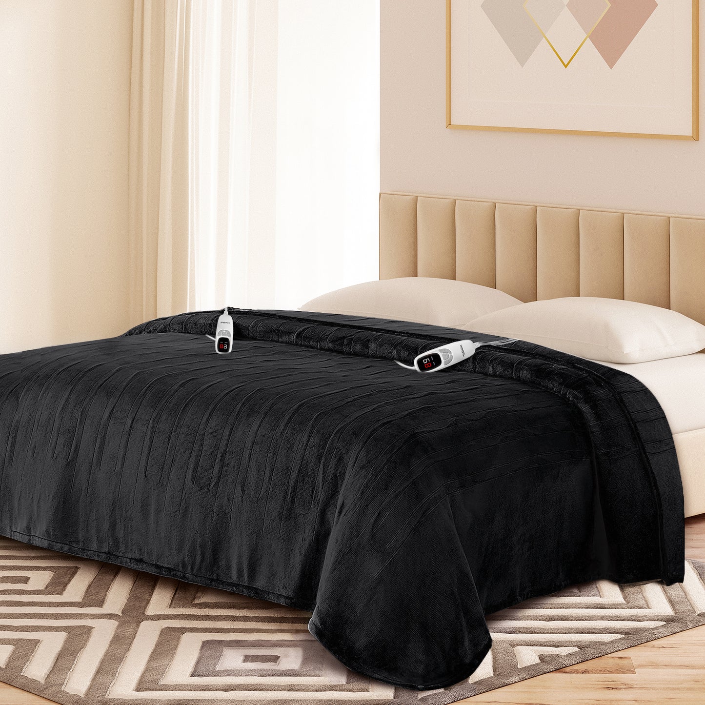 Ocuuziisu Electric Blanket 90" x 100" King Size Heated Blanket, Flannel and Sherpa, 10 Hour Auto-off, 9 Heat Settings, Fast Heating, Machine Washable, Camel