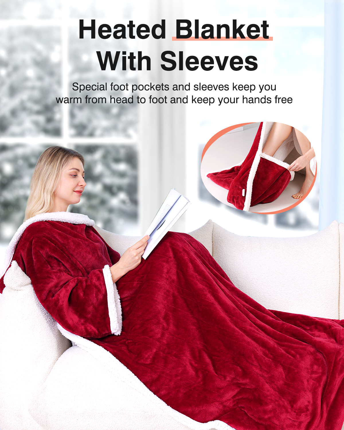 Wearable Heated Throw Blanket with Pockets, 50" x 70" Faux Fur and Sherpa Electric Wrap Poncho Shawl