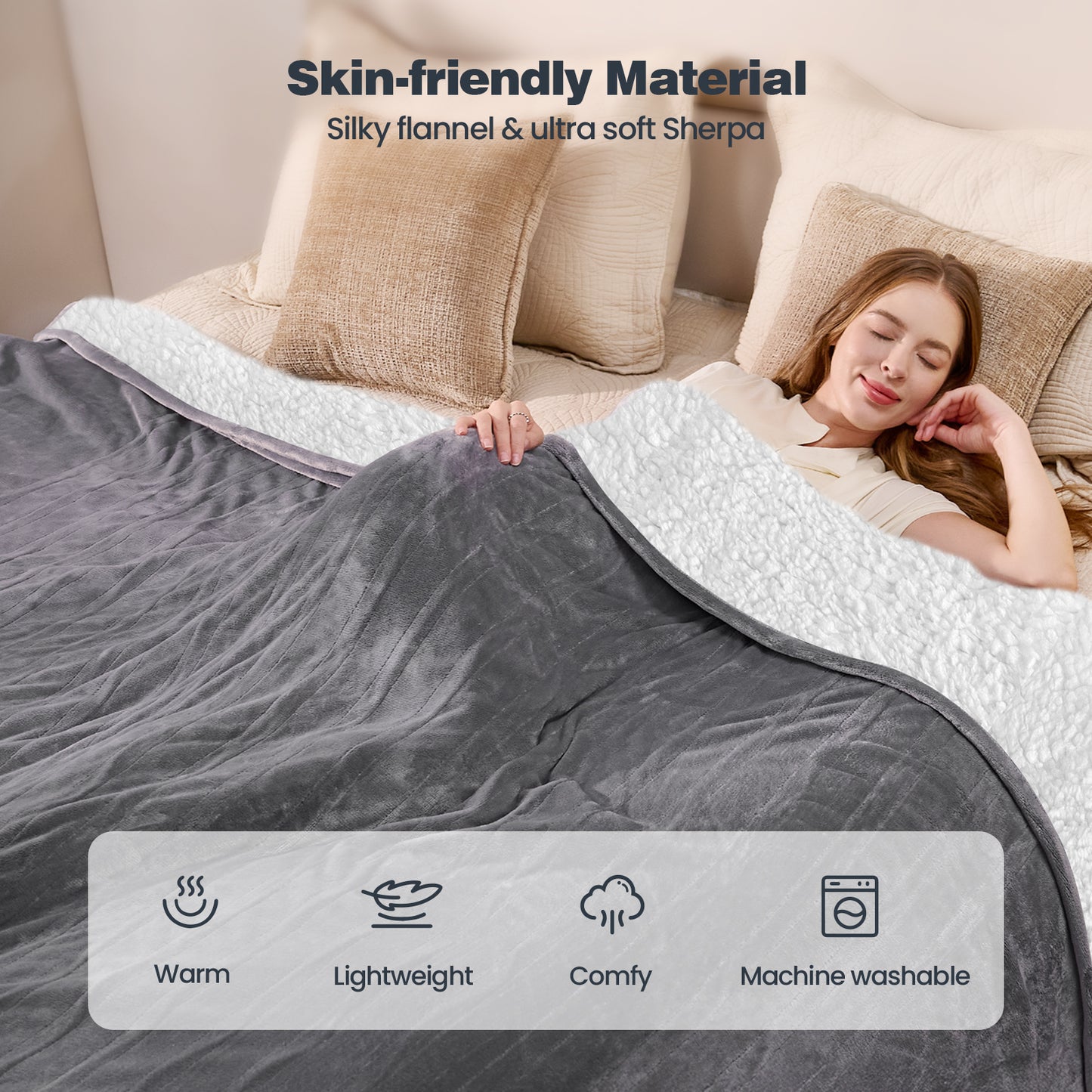 Ocuuziisu Electric Blanket 90" x 100" King Size Heated Blanket, Flannel and Sherpa, 10 Hour Auto-off, 9 Heat Settings, Fast Heating, Machine Washable