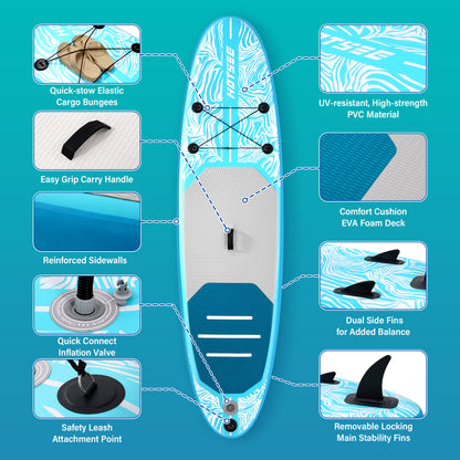 10'6" Inflatable Stand Up Paddle Board, 6" Thick SUP with Accessories, Double Action Pump