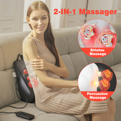 iTeafcom Shiatsu & Percussion Back Massager with Heat, 3D Deep Tissue Kneading for Lower Back Pain, Portable Electric Massage Pillow for Chair, Home Office Use