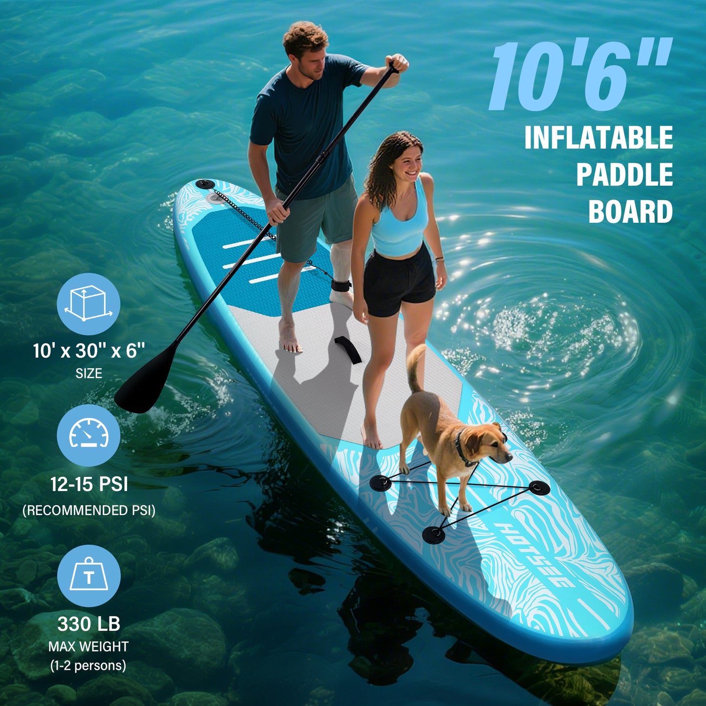 10'6" Inflatable Stand Up Paddle Board, 6" Thick SUP with Accessories, Double Action Pump