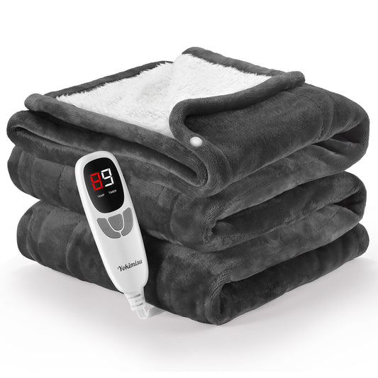 Ocuuziisu Electric Heated Blanket Throw Blanket 50" x 60" Flannel and Sherpa Electric Blanket with Buttons, 9 Heating Levels, Auto-off, Machine Washable, Gray