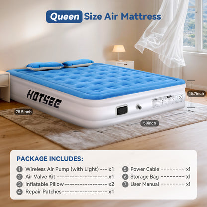 Queen Air Mattress, Inflatable Air bed with Wireless Built-in Pump and Pillow for Camping Travel Guest Home, 650lb Max, Size 16"