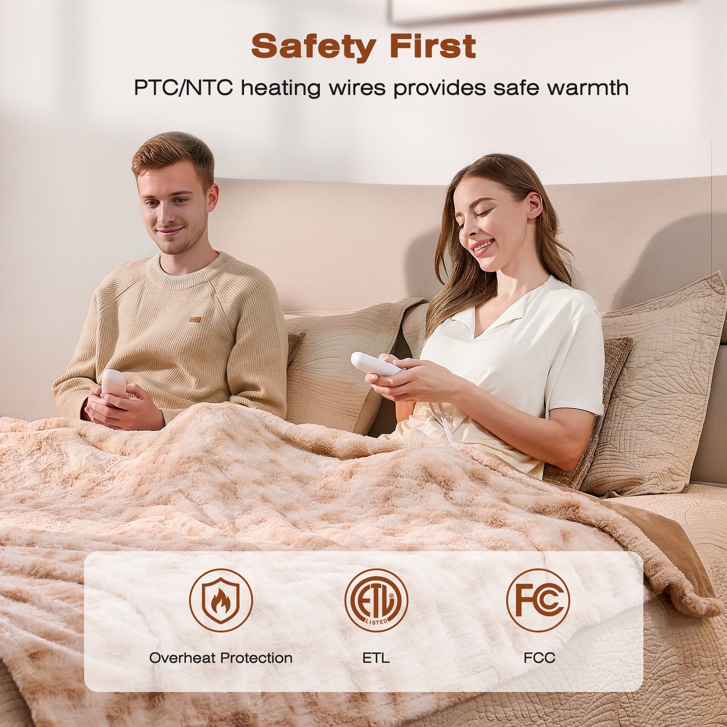 Ocuuziisu 90" × 100" Electric Blanket, King Size Heated Blanket, Brushed Faux Fur & Flannel, 9 Heat Levels, 1–10H Timer, Camel