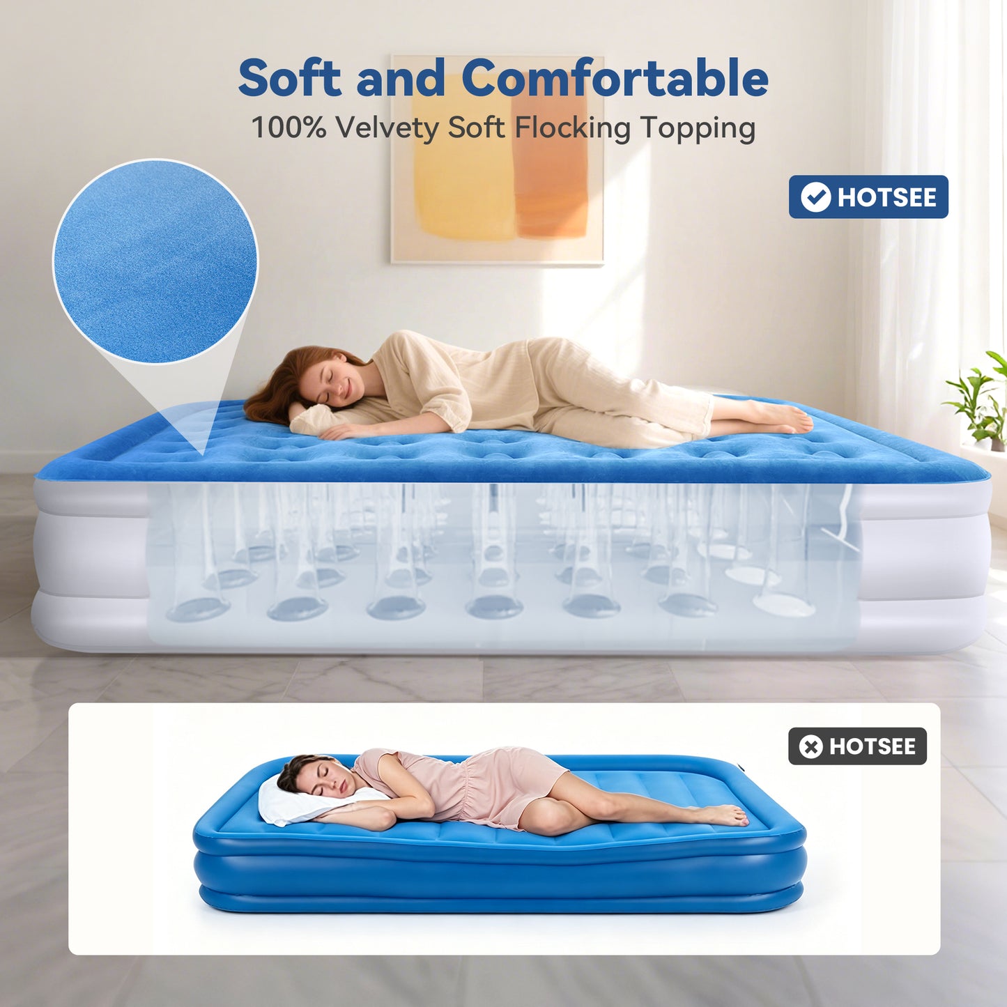 Queen Air Mattress, Inflatable Air bed with Wireless Built-in Pump and Pillow for Camping Travel Guest Home, 650lb Max, Size 16"