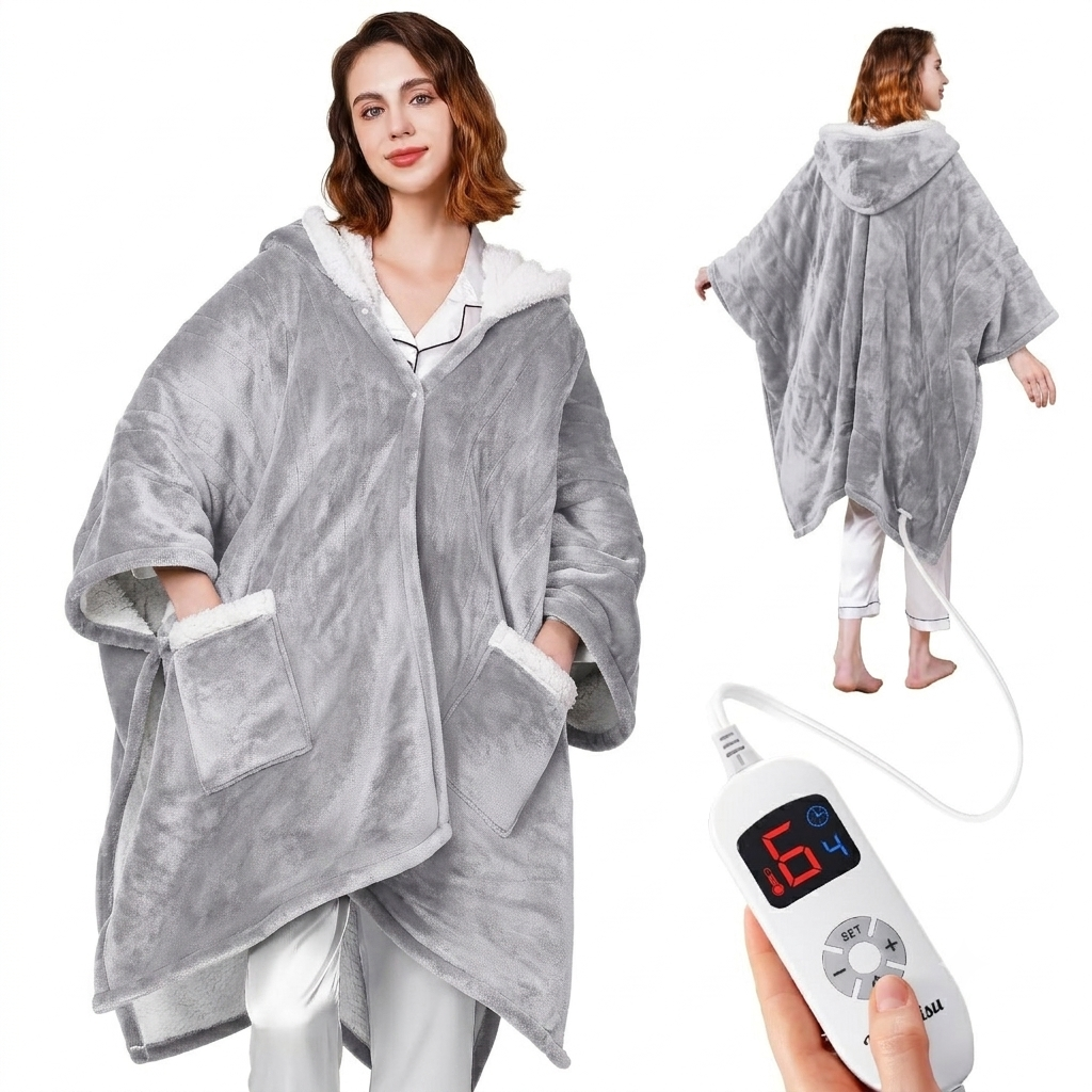 Ocuuziisu Wearable Heated Throw Blanket with Pockets and Hood, 50" x 70" Flannel and Sherpa Electric Wrap, 9 Heating Levels, 10-Hour Auto Shut Off, Machine Washable, Gray