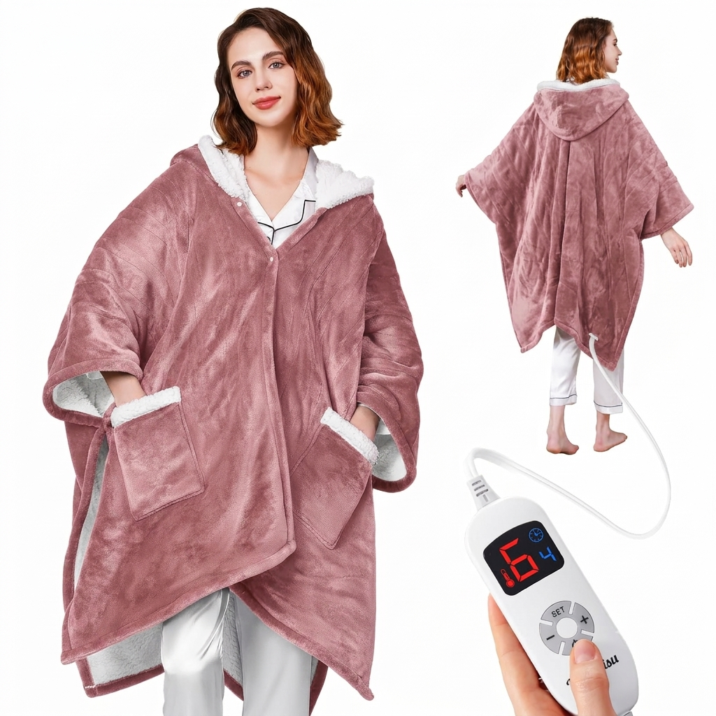 Ocuuziisu Wearable Heated Throw Blanket with Pockets and Hood, 50" x 70" Flannel and Sherpa Electric Wrap, 9 Heating Levels, 10-Hour Auto Shut Off, Machine Washable, Gray