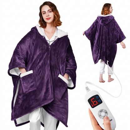 Ocuuziisu Wearable Heated Throw Blanket with Pockets and Hood, 50" x 70" Flannel and Sherpa Electric Wrap, 9 Heating Levels, 10-Hour Auto Shut Off, Machine Washable, Gray