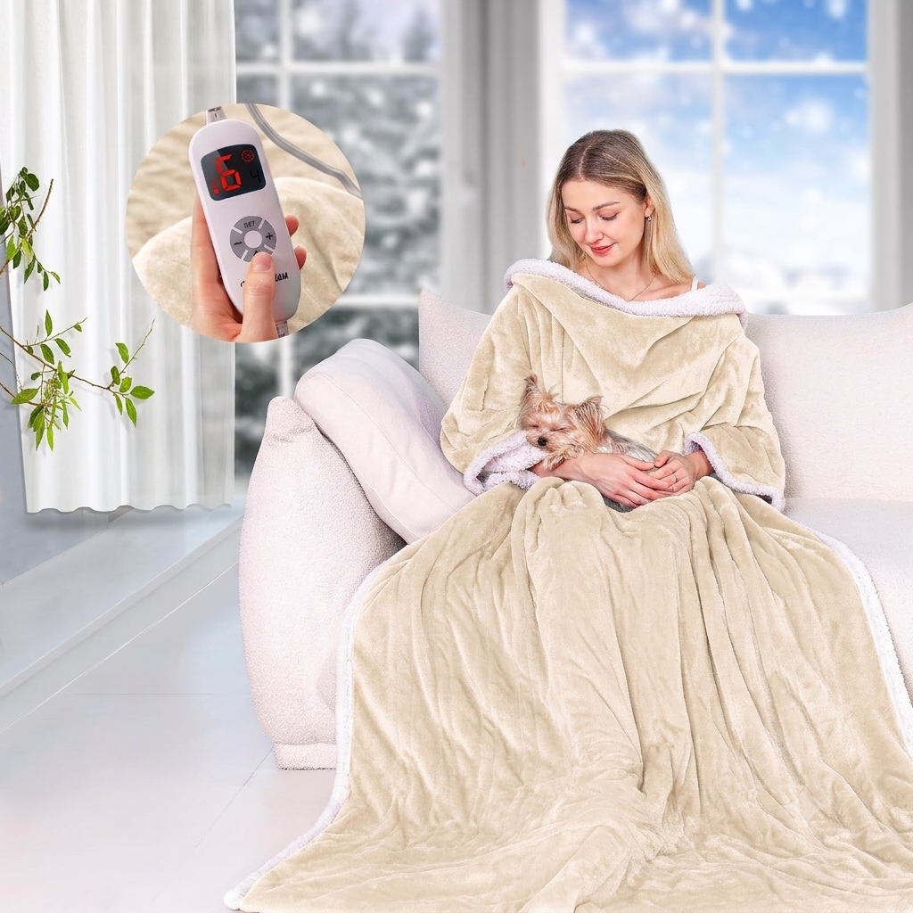 Ocuuziisu Wearable Heated Throw Blanket with Pockets, 50" x 70" Flannel and Sherpa Electric Wrap Poncho Shawl, 9 Heat Settings, 10-Hour Auto Shut Off, Machine Washable, Gray