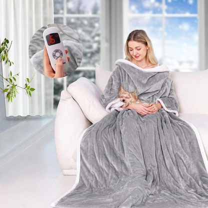 Ocuuziisu Wearable Heated Throw Blanket with Pockets, 50" x 70" Flannel and Sherpa Electric Wrap Poncho Shawl, 9 Heat Settings, 10-Hour Auto Shut Off, Machine Washable, Gray