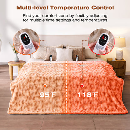 Ocuuziisu 90" × 100" Electric Blanket, King Size Heated Blanket, Brushed Faux Fur & Flannel, 9 Heat Levels, 1–10H Timer, Camel