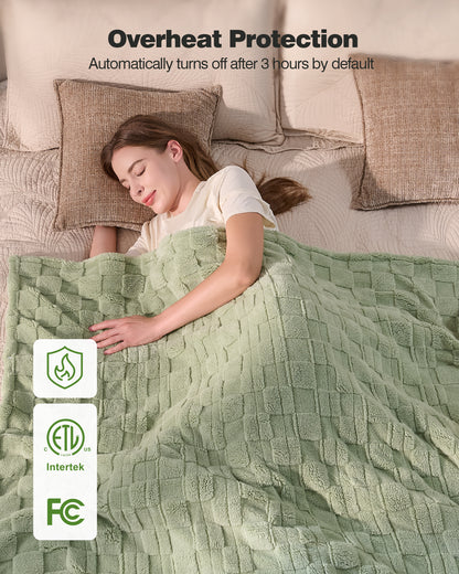 50" × 60" Heated Throw Blanket — 9 Heat Levels, 1–10H Timer, Fast Even Warming Electric Blanket Throw, Machine Washable — Green & Gray
