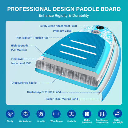 10'6" Inflatable Stand Up Paddle Board, 6" Thick SUP with Accessories, Double Action Pump
