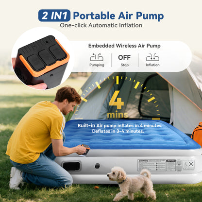Queen Air Mattress, Inflatable Air bed with Wireless Built-in Pump and Pillow for Camping Travel Guest Home, 650lb Max, Size 16"