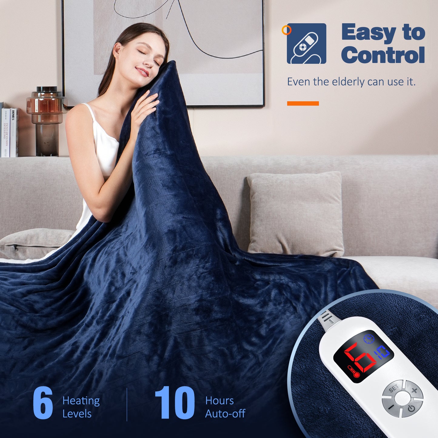 Ocuuziisu Electric Blanket 72" x 84" Full Size Heated Blanket, Fast Heating, 10 Hour Auto-off, 6 Heat Levels, Machine Washable, Navy Blue