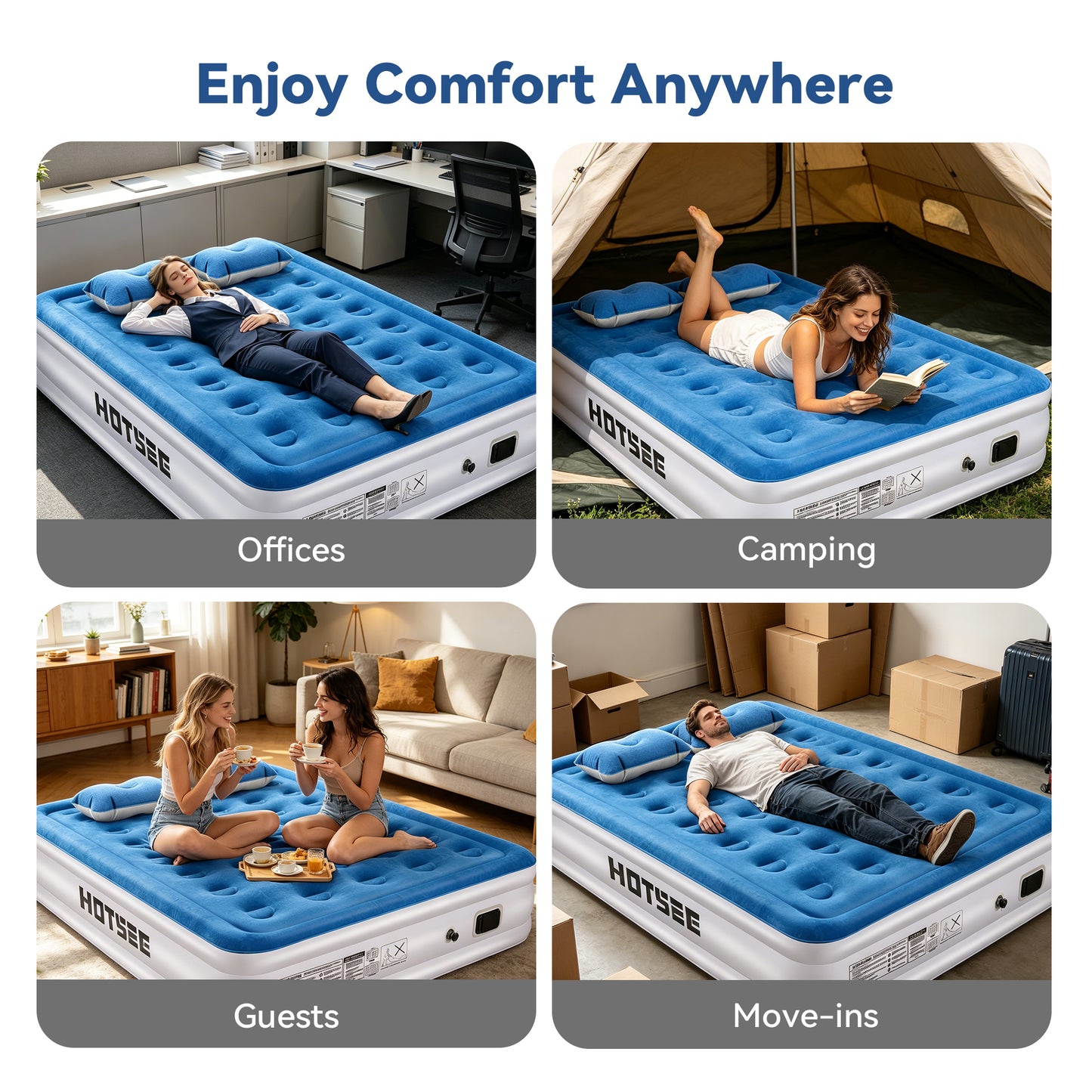 Queen Air Mattress, Inflatable Air bed with Wireless Built-in Pump and Pillow for Camping Travel Guest Home, 650lb Max, Size 16"