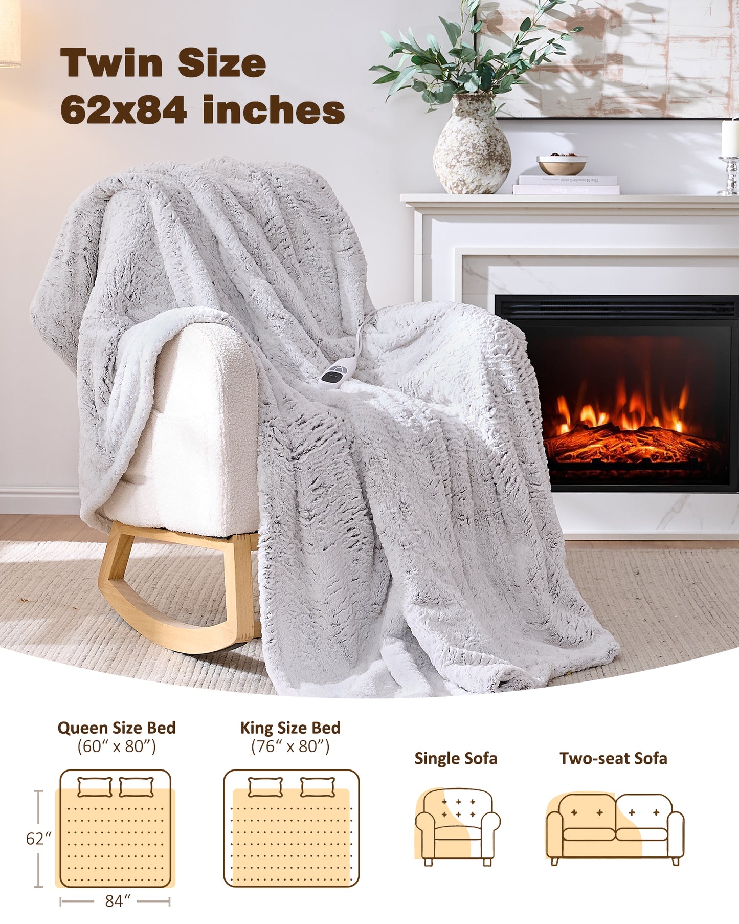 Ocuuziisu 62" × 84" Electric Heated Blanket — 9 Heat Levels, 1–10H Timer, Fast Heating Electric Blanket, Machine Washable — Brushed White