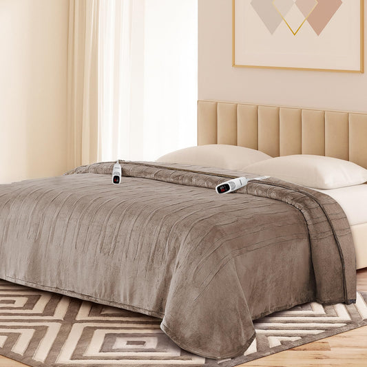 Ocuuziisu Electric Blanket 90" x 100" King Size Heated Blanket, Flannel and Sherpa, 10 Hour Auto-off, 9 Heat Settings, Fast Heating, Machine Washable, Camel