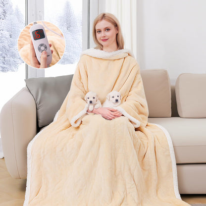 Ocuuziisu Wearable Heated Throw Blanket with Pockets, 50" x 70" Flannel and Sherpa Electric Wrap Poncho Shawl, 9 Heat Settings, 10-Hour Auto Shut Off, Machine Washable, Gray