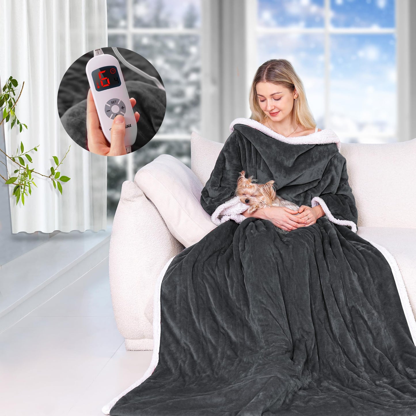Ocuuziisu Wearable Heated Throw Blanket with Pockets, 50" x 70" Flannel and Sherpa Electric Wrap Poncho Shawl, 9 Heat Settings, 10-Hour Auto Shut Off, Machine Washable, Gray