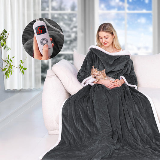 Ocuuziisu Wearable Heated Throw Blanket with Pockets, 50" x 70" Flannel and Sherpa Electric Wrap Poncho Shawl, 9 Heat Settings, 10-Hour Auto Shut Off, Machine Washable, Gray