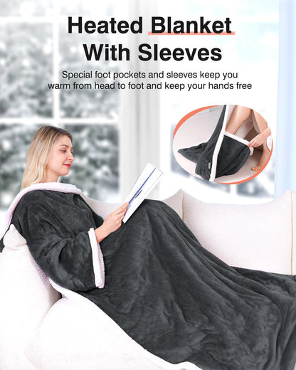 Ocuuziisu Wearable Heated Throw Blanket with Pockets, 50" x 70" Flannel and Sherpa Electric Wrap Poncho Shawl, 9 Heat Settings, 10-Hour Auto Shut Off, Machine Washable, Gray
