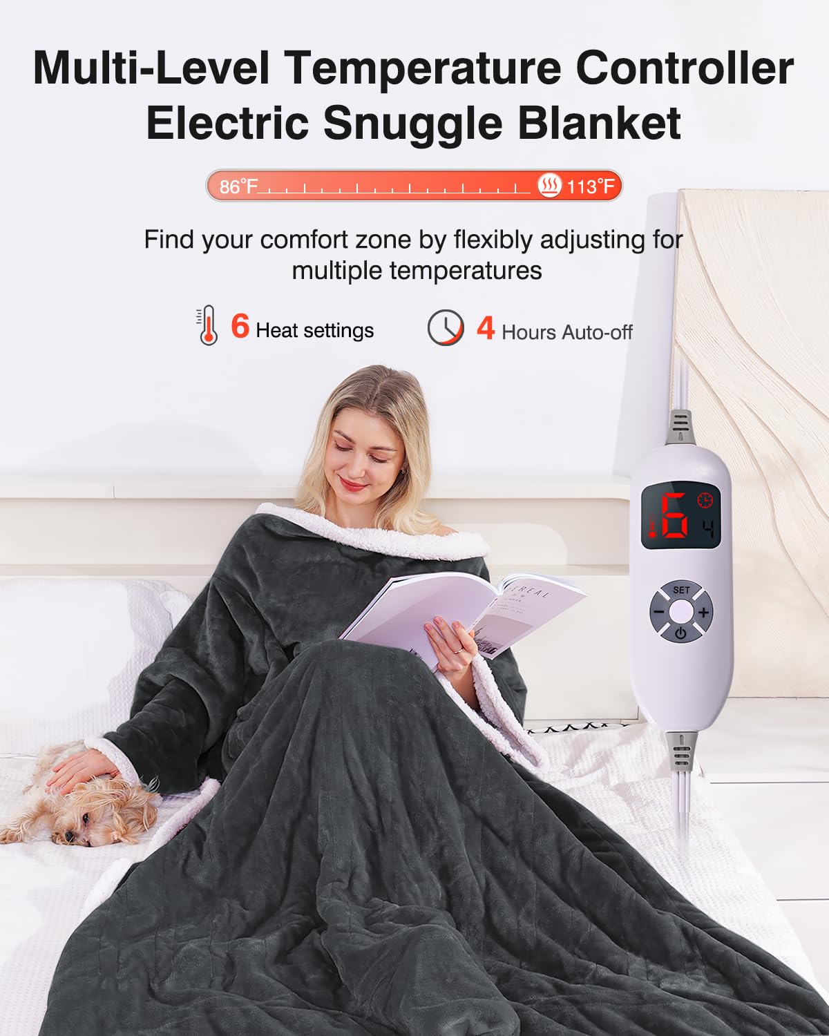 Ocuuziisu Wearable Heated Throw Blanket with Pockets, 50" x 70" Flannel and Sherpa Electric Wrap Poncho Shawl, 9 Heat Settings, 10-Hour Auto Shut Off, Machine Washable, Gray