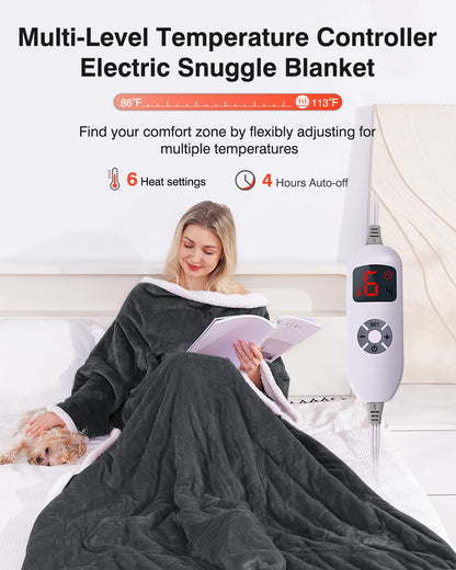 Ocuuziisu Wearable Heated Throw Blanket with Pockets, 50" x 70" Flannel and Sherpa Electric Wrap Poncho Shawl, 9 Heat Settings, 10-Hour Auto Shut Off, Machine Washable, Gray