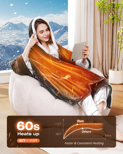 Ocuuziisu Wearable Heated Throw Blanket with Pockets and Hood, 50" x 70" Flannel and Sherpa Electric Wrap, 9 Heating Levels, 10-Hour Auto Shut Off, Machine Washable, Gray