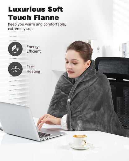 Ocuuziisu Electric Heated Blanket Throw Blanket 50" x 60" Flannel and Sherpa Electric Blanket with Buttons, 9 Heating Levels, Auto-off, Machine Washable, Gray
