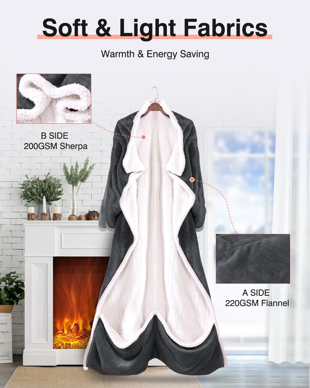 Ocuuziisu Wearable Heated Throw Blanket with Pockets, 50" x 70" Flannel and Sherpa Electric Wrap Poncho Shawl, 9 Heat Settings, 10-Hour Auto Shut Off, Machine Washable, Gray
