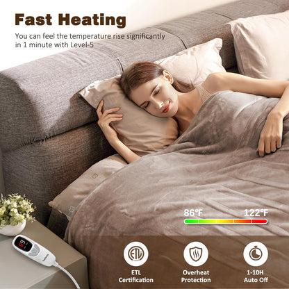 Ocuuziisu Electric Blanket 90" x 100" King Size Heated Blanket, Flannel and Sherpa, 10 Hour Auto-off, 9 Heat Settings, Fast Heating, Machine Washable, Camel